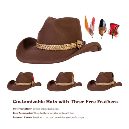 Brown wool felt cowboy hat with tan braided band and buckle, view 4