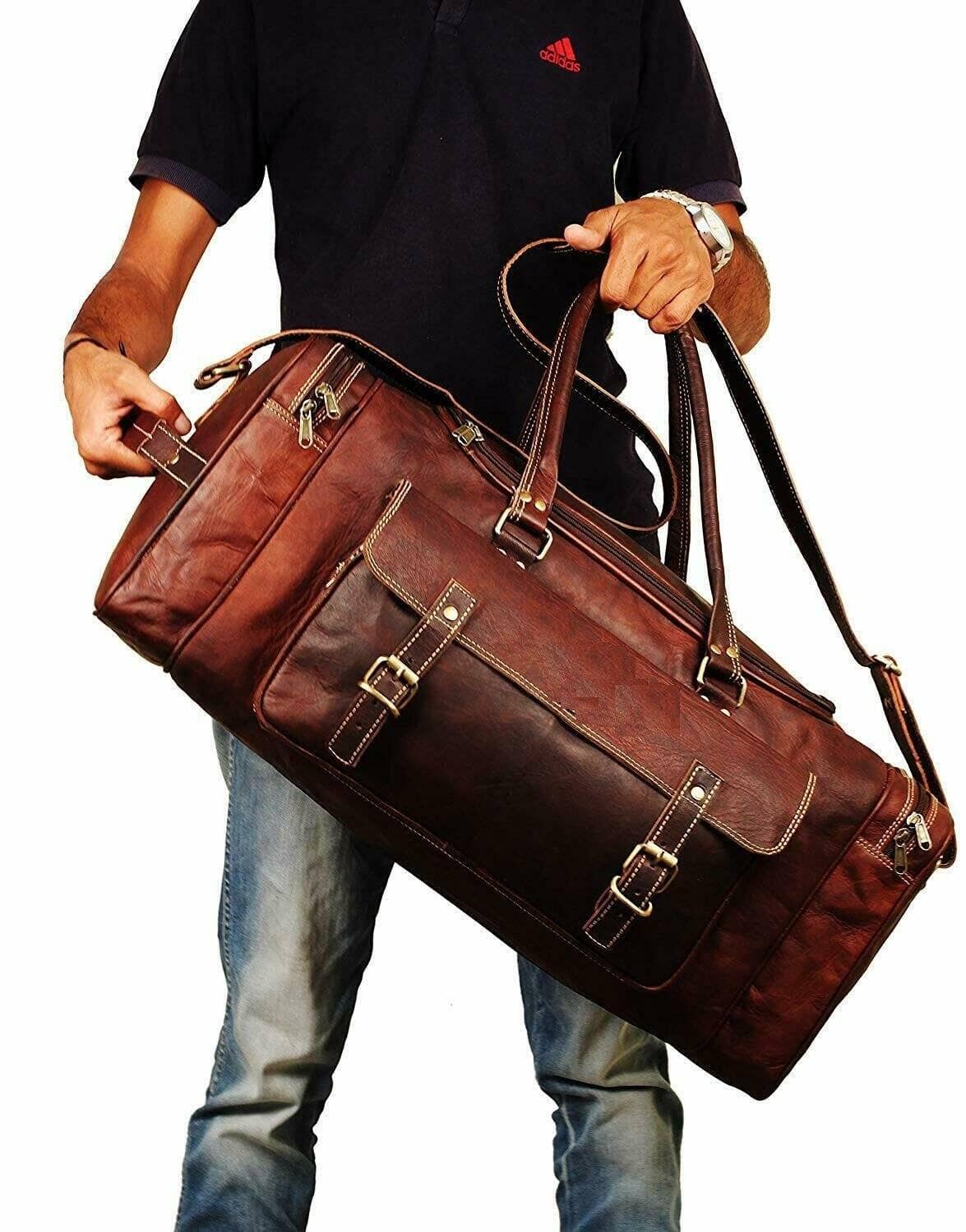 Traveler full grain goat leather weekender duffle bag, view 2