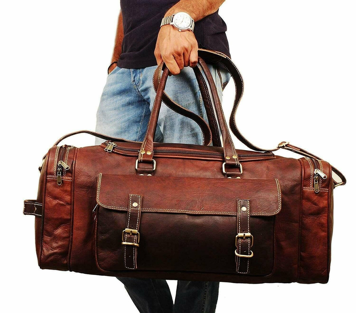 Traveler full grain goat leather weekender duffle bag, view 5