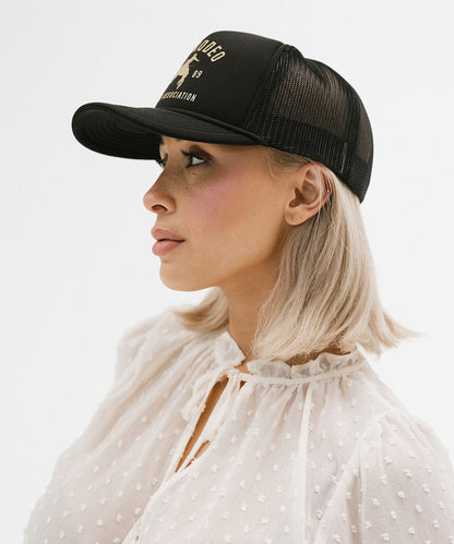 Black foam and mesh trucker hat with a hand-drawn cowboy and bucking bronco, view 4