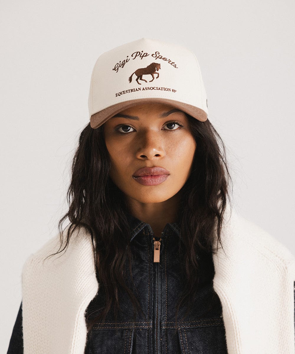 Cream and chocolate brown vintage-style trucker hat with a structured front panel, view 2
