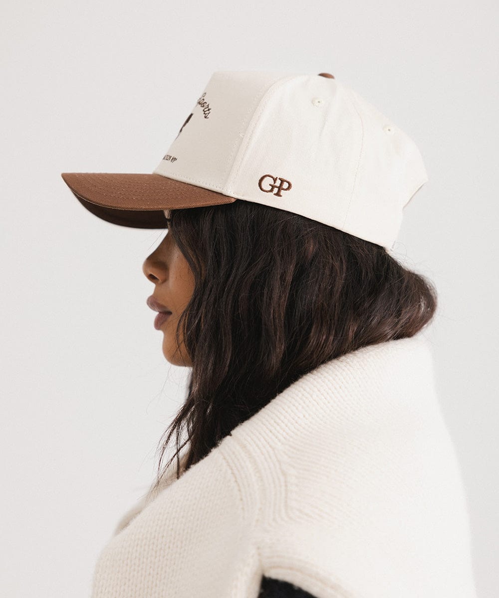 Cream and chocolate brown vintage-style trucker hat with a structured front panel, view 3