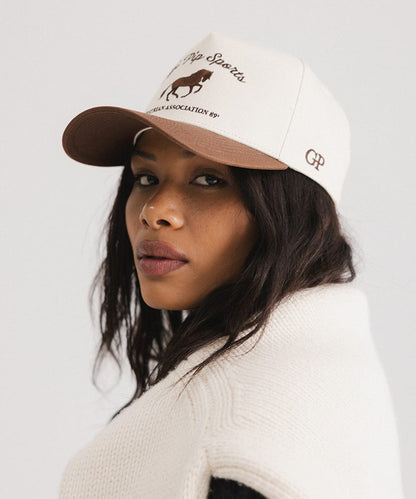 Cream and chocolate brown vintage-style trucker hat with a structured front panel, view 4