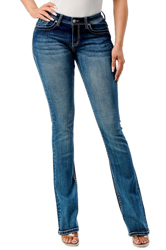 Medium blue Grace in LA bootcut jeans with a whiskered wash, front view on a model