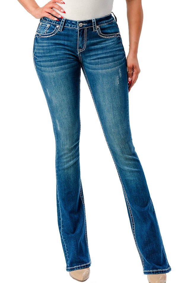 Light blue Grace in LA bootcut jeans with a hand-sanded wash and embroidered pockets on a model
