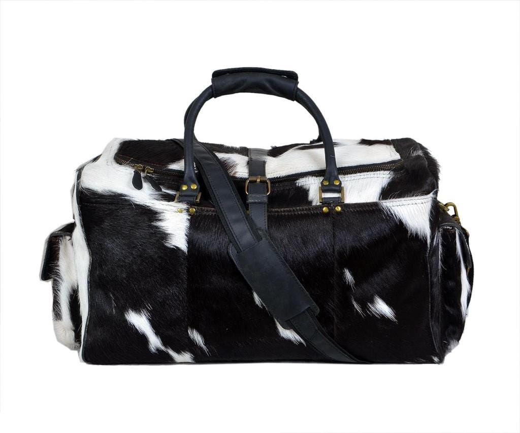 Black and white hair-on cowhide duffel bag with shoulder strap, view 4