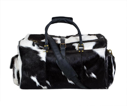 Black and white hair-on cowhide duffel bag with shoulder strap, view 4