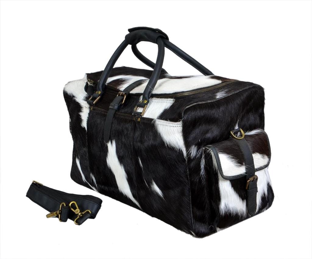 Black and white hair-on cowhide duffel bag with shoulder strap, view 2