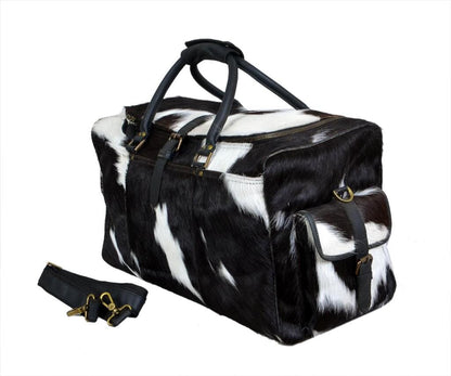 Black and white hair-on cowhide duffel bag with shoulder strap, view 2