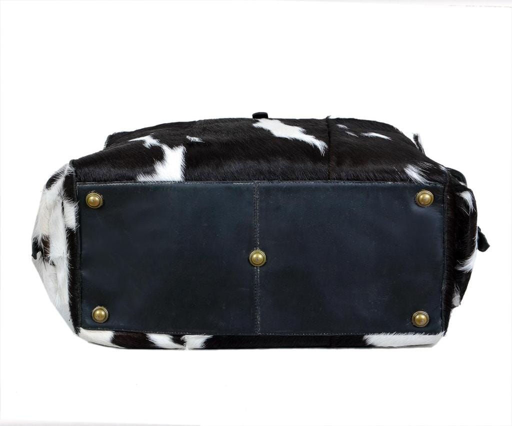 Black and white hair-on cowhide duffel bag with shoulder strap, view 3