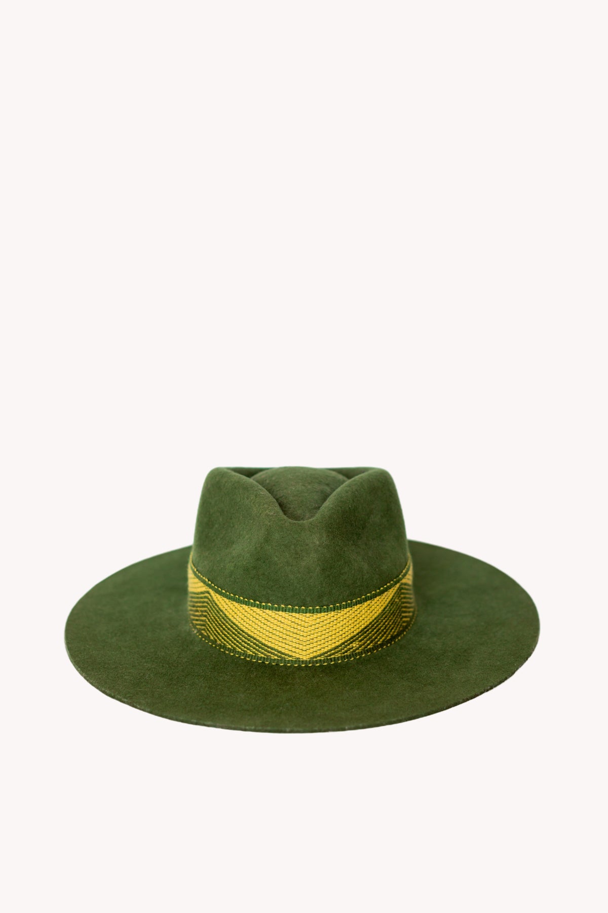 Hunter green alpaca wool felt Western hat with a woven hatband