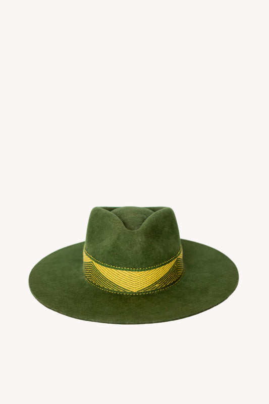 Hunter green alpaca wool felt Western hat with a woven hatband