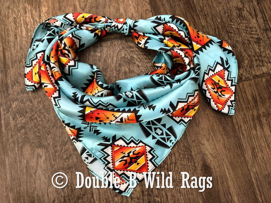 Light blue silk wild rag with orange serape and Aztec pattern by Double B