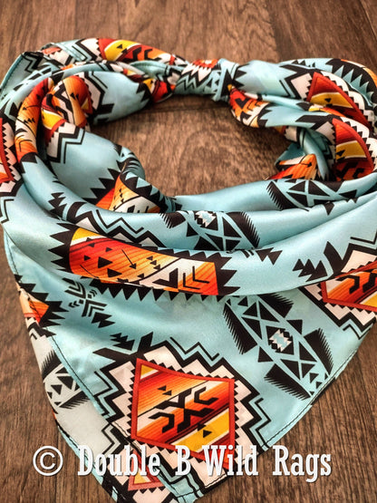 Light blue silk wild rag with orange serape and Aztec pattern by Double B, view 2