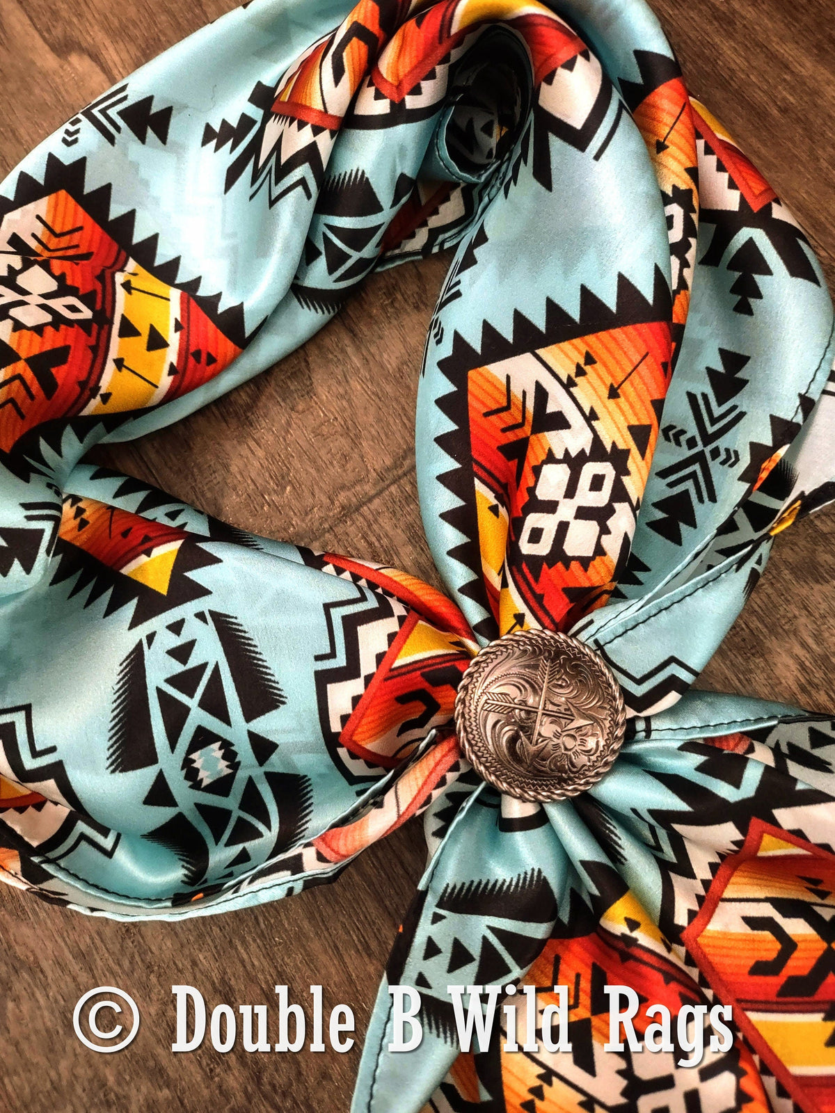 Light blue silk wild rag with orange serape and Aztec pattern by Double B, view 4