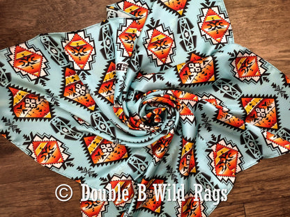 Light blue silk wild rag with orange serape and Aztec pattern by Double B, view 3