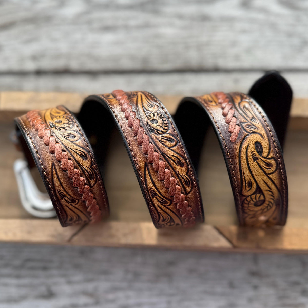 Hand-tooled leather Western belt with antique silver buckle by Double B, view 2