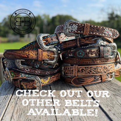 Hand-tooled leather Western belt with antique silver buckle by Double B, view 5