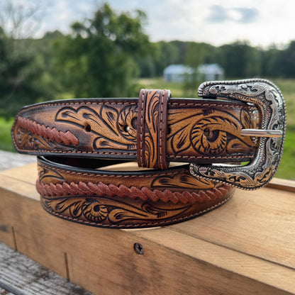 Hand-tooled leather Western belt with antique silver buckle by Double B, view 3