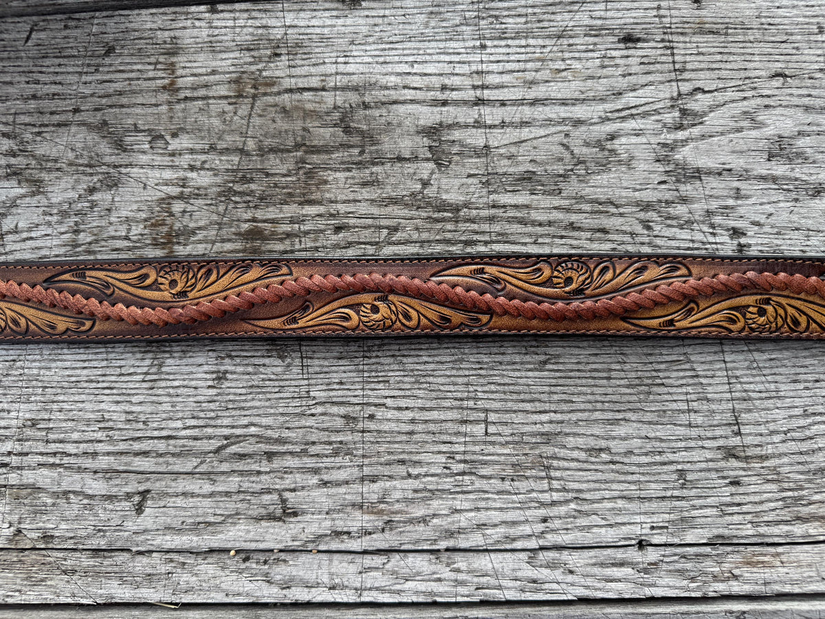 Hand-tooled leather Western belt with antique silver buckle by Double B, view 4