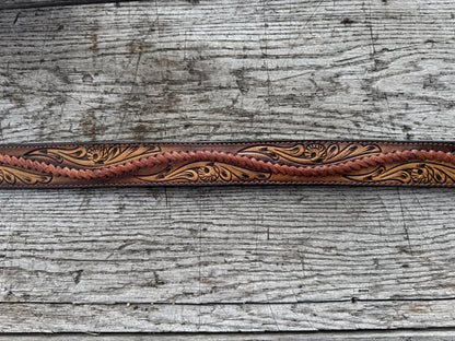 Hand-tooled leather Western belt with antique silver buckle by Double B, view 4