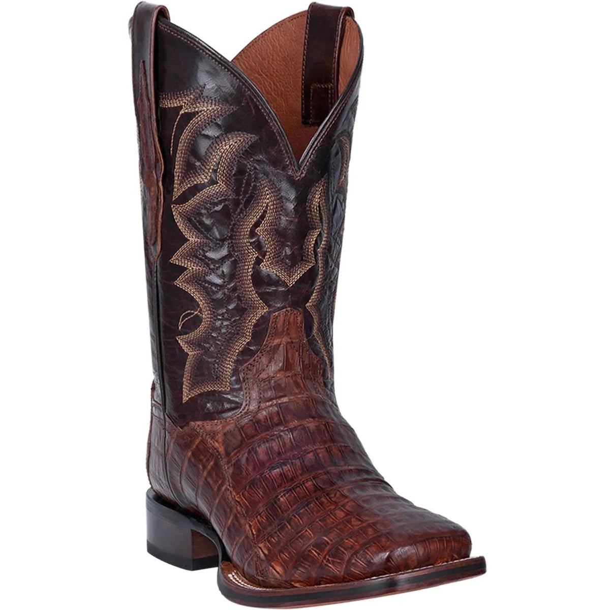 Caiman leather men's cowboy boot with a broad square toe and stockman heel