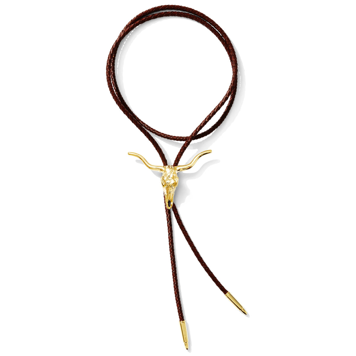 Polished brass Texas Longhorn bolo tie on leather cord