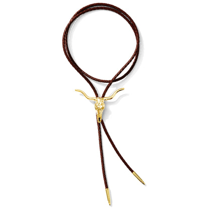 Polished brass Texas Longhorn bolo tie on leather cord