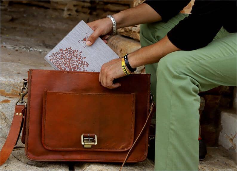 Natural brown goat leather laptop messenger bag with buckled front pocket, view 4