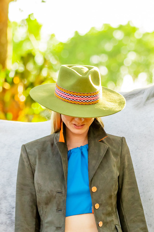 Meadow green alpaca wool felt Western hat with a woven hatband, view 3