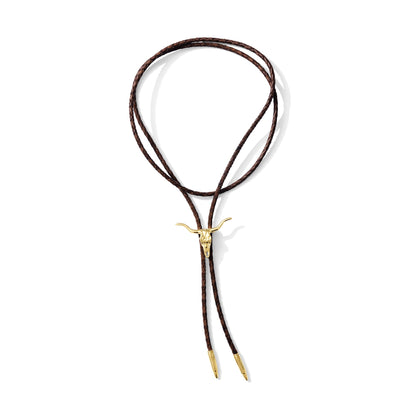 Gold plated Texas Longhorn bolo tie on brown leather cord