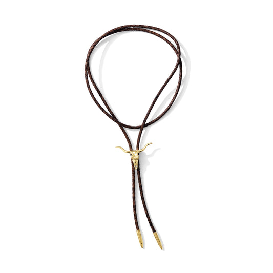 Gold plated Texas Longhorn bolo tie on brown leather cord