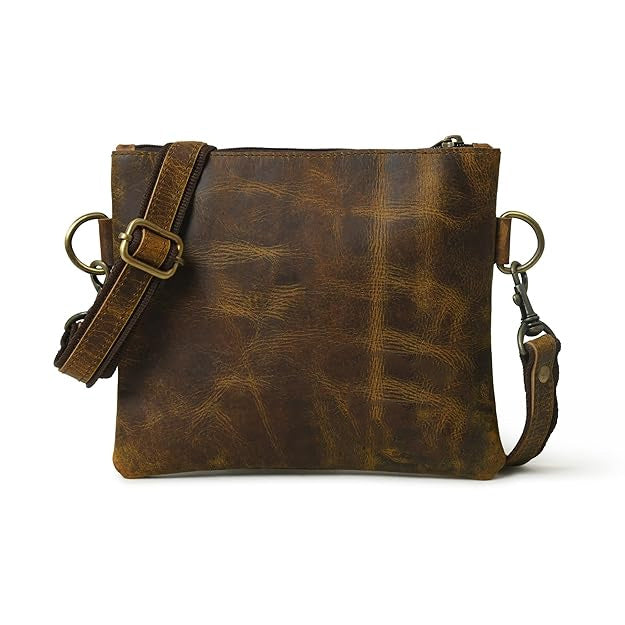 Buffalo leather crossbody sling bag with brass hardware and adjustable strap