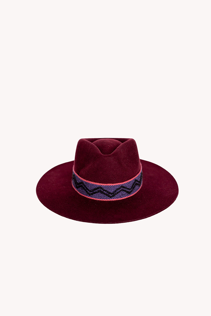 Maroon alpaca wool felt Western hat with a woven hatband