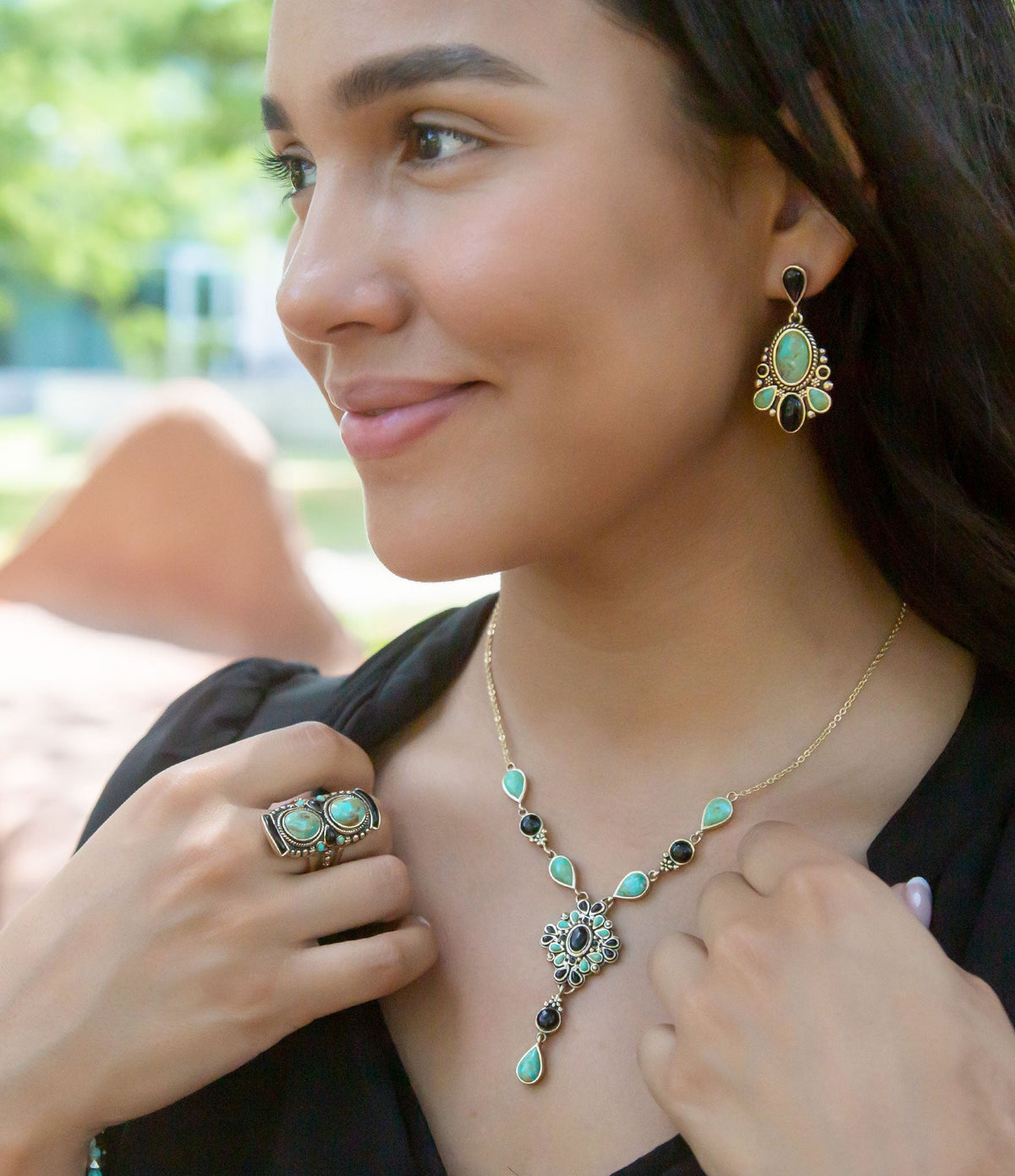 The Barcelona Turquoise and Onyx Y-Necklace, view 2