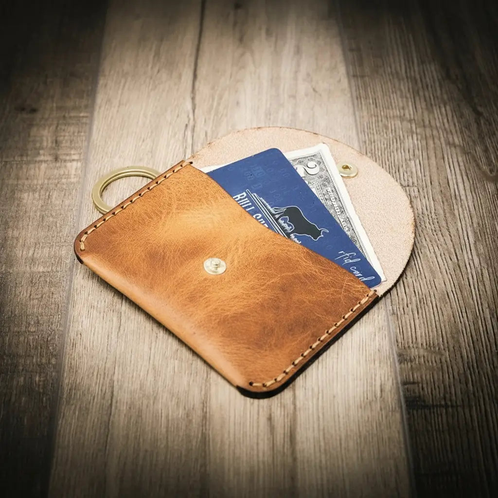 Saddle tan leather keychain wallet with snap pocket and key ring, view 3