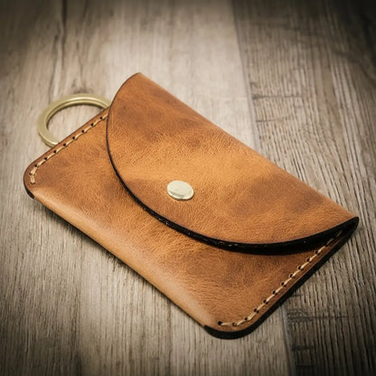 Saddle tan leather keychain wallet with snap pocket and key ring, view 2