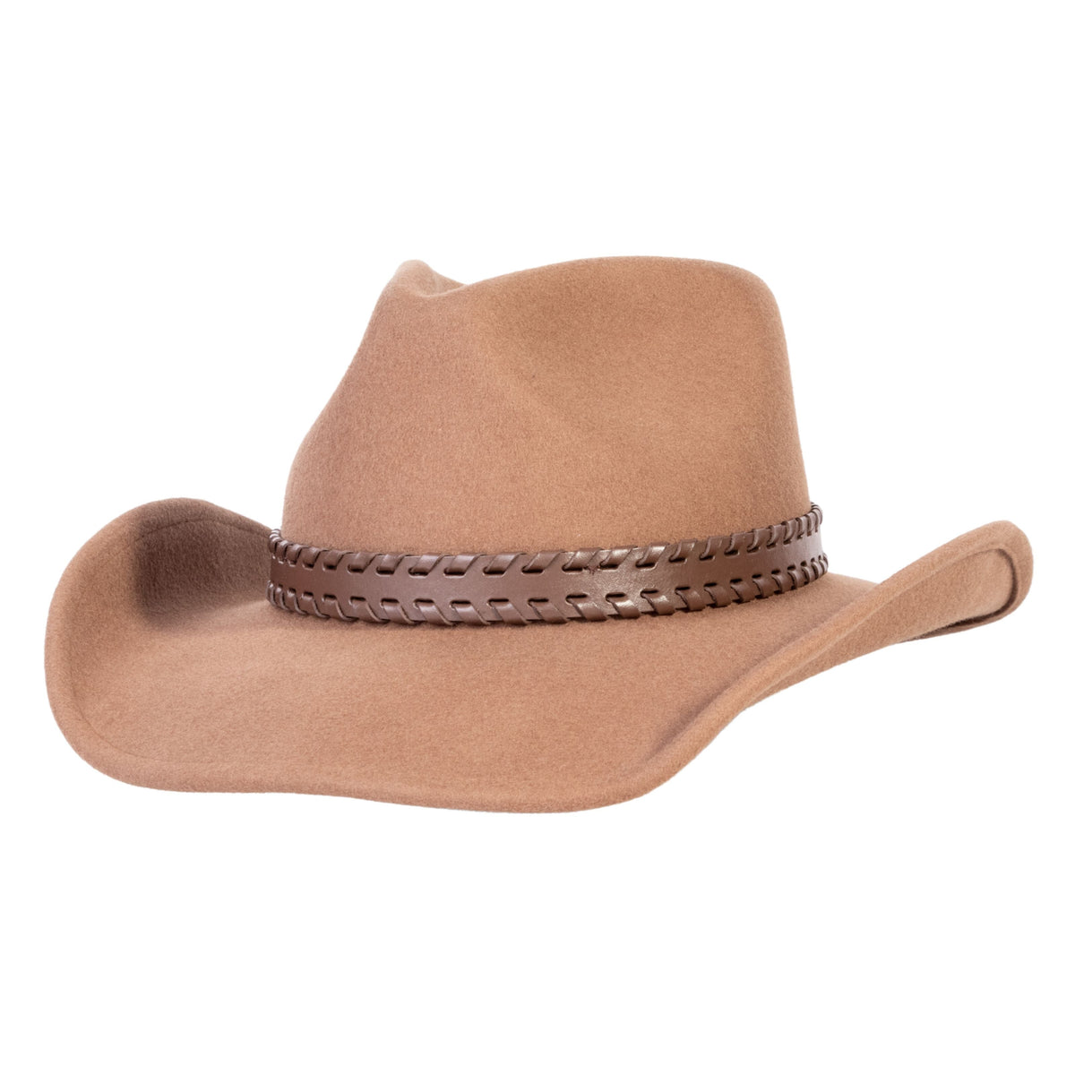 Tan wool felt cowboy hat with wide brown leather band