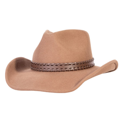 Tan wool felt cowboy hat with wide brown leather band