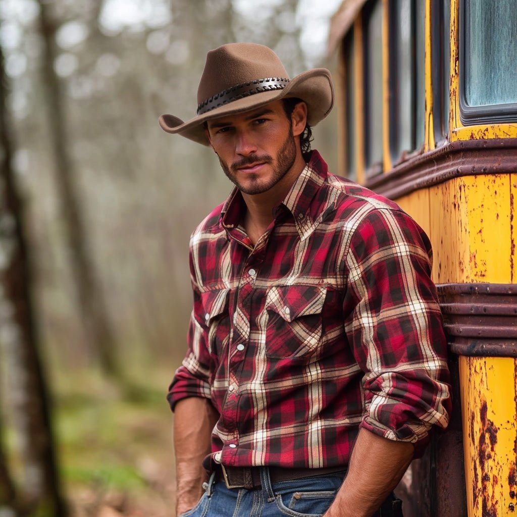 Tan wool felt cowboy hat with wide brown leather band, view 2