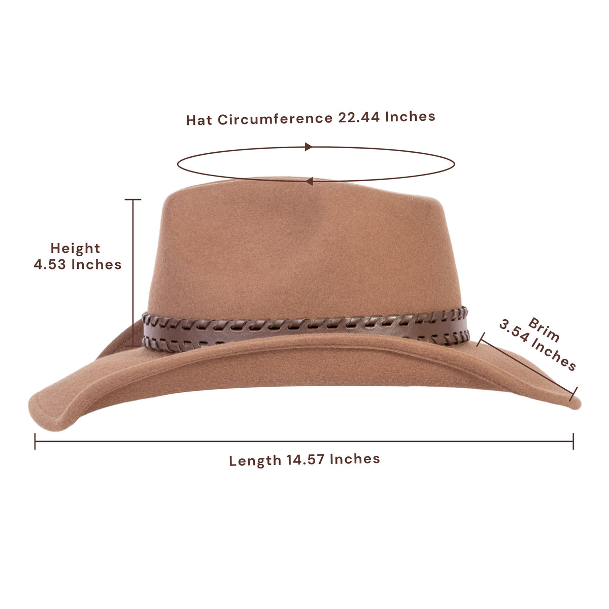 Tan wool felt cowboy hat with wide brown leather band, view 3