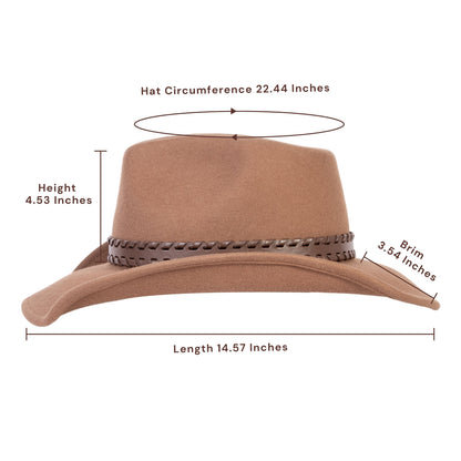 Tan wool felt cowboy hat with wide brown leather band, view 3