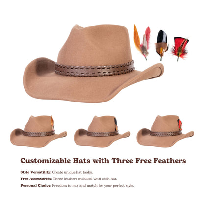 Tan wool felt cowboy hat with wide brown leather band, view 4
