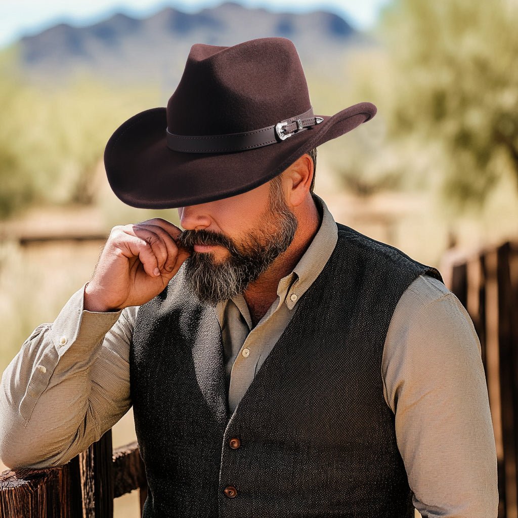 Chocolate brown wool felt cowboy hat with stitched crown, view 2