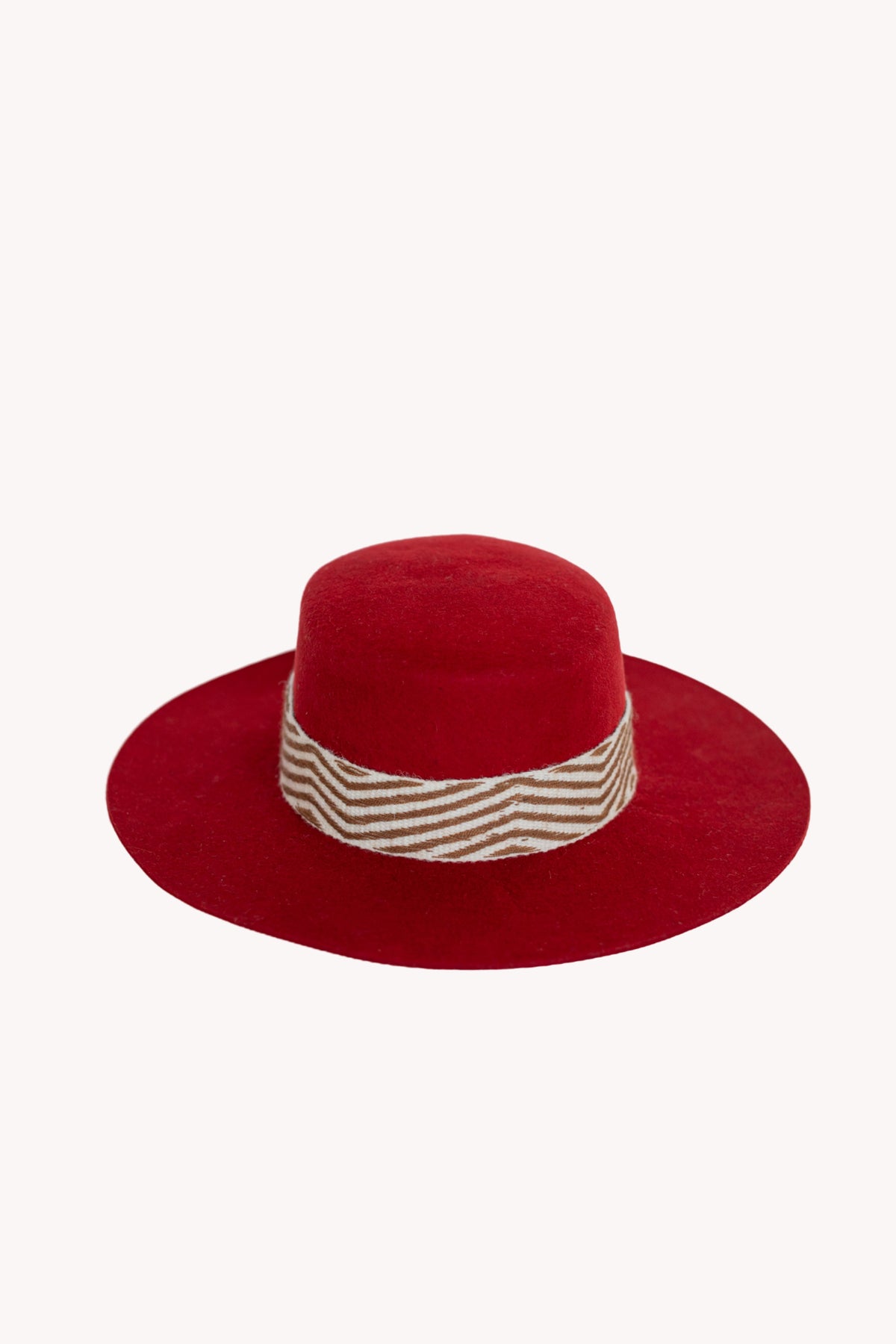 Red alpaca wool felt Spanish style hat with a woven textile band