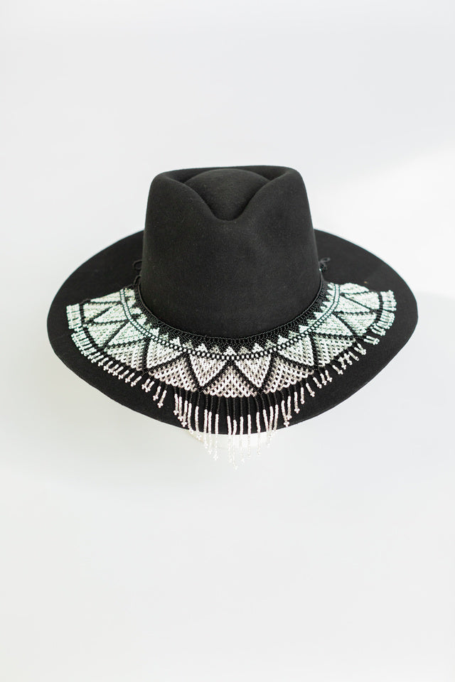 Black cascading glass bead hat necklace, view 4
