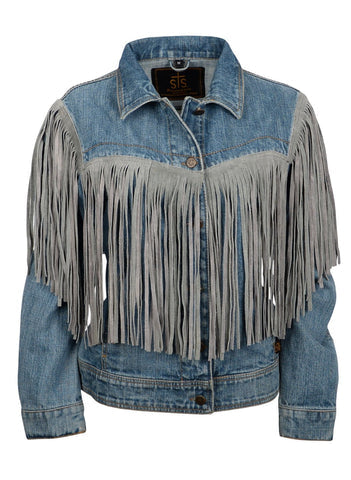 Classic blue denim jacket with gray leather fringe across the front yoke and sleeves