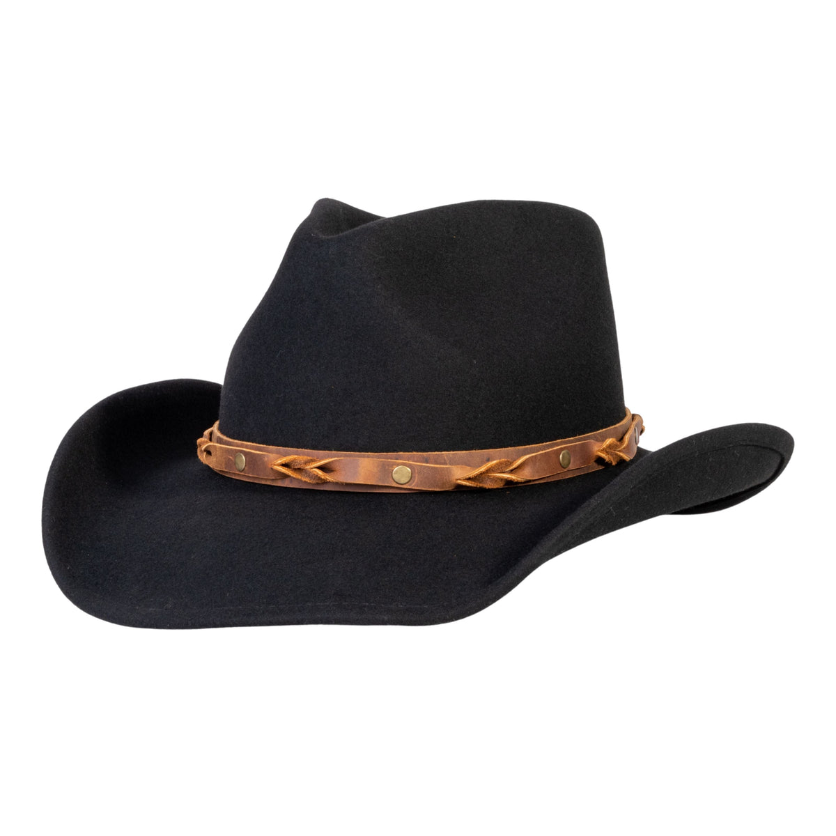 Black wool felt cowboy hat with brown leather band and brass studs
