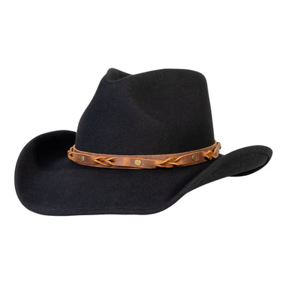 Black wool felt cowboy hat with brown leather band and brass studs