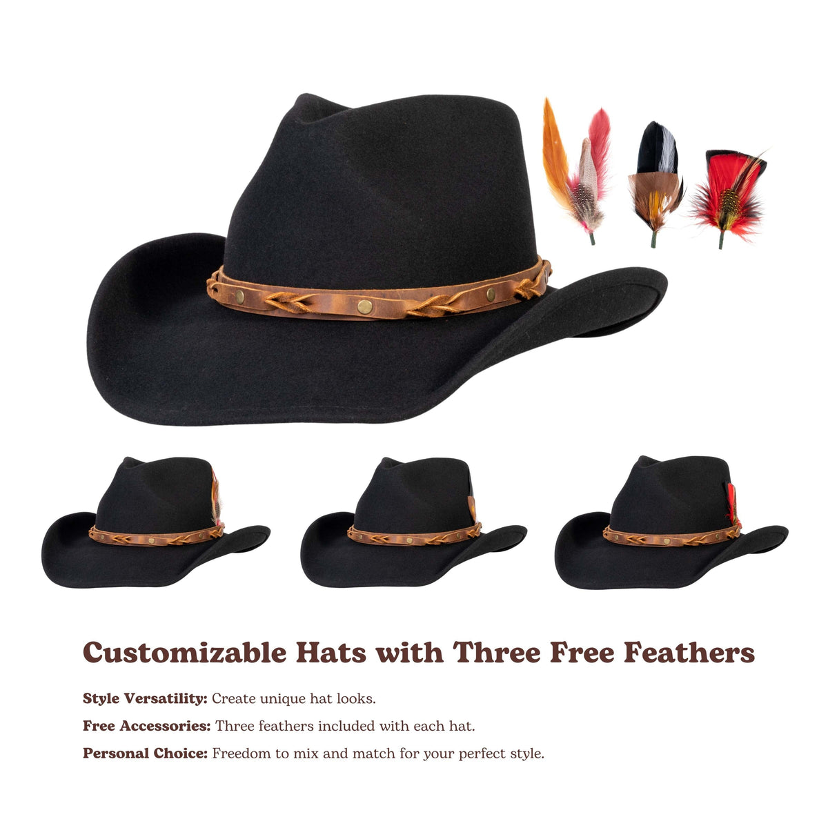 Black wool felt cowboy hat with brown leather band and brass studs, view 4